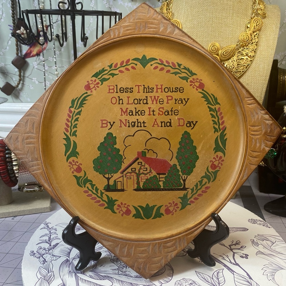 Wall Hanging Plaque "Bless This House" Japan Wood Vintage 1960’s Hand Painted